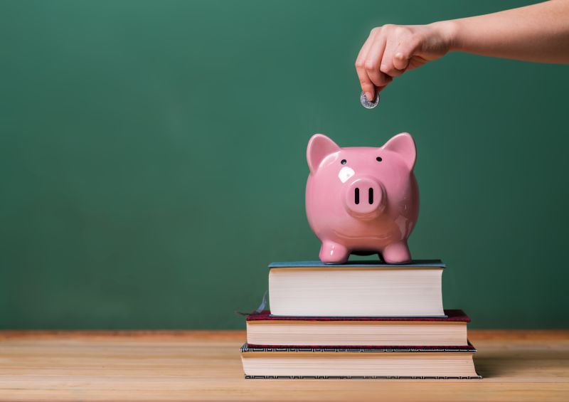 Person Depositing Money In A Piggy Bank On Top Of Books With Cha