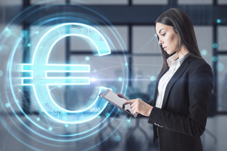 Businesswoman,Using,Tablet,With,Creative,Glowing,Euro,Hologram,On,Blurry