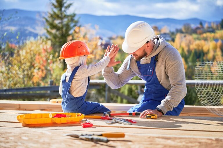 Father,With,Toddler,Son,Building,Wooden,Frame,House.,Male,Builder