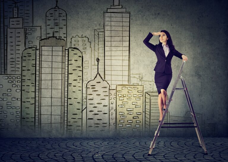 Business,Woman,On,A,Ladder,Looking,Far,Away,Forecasting,Real