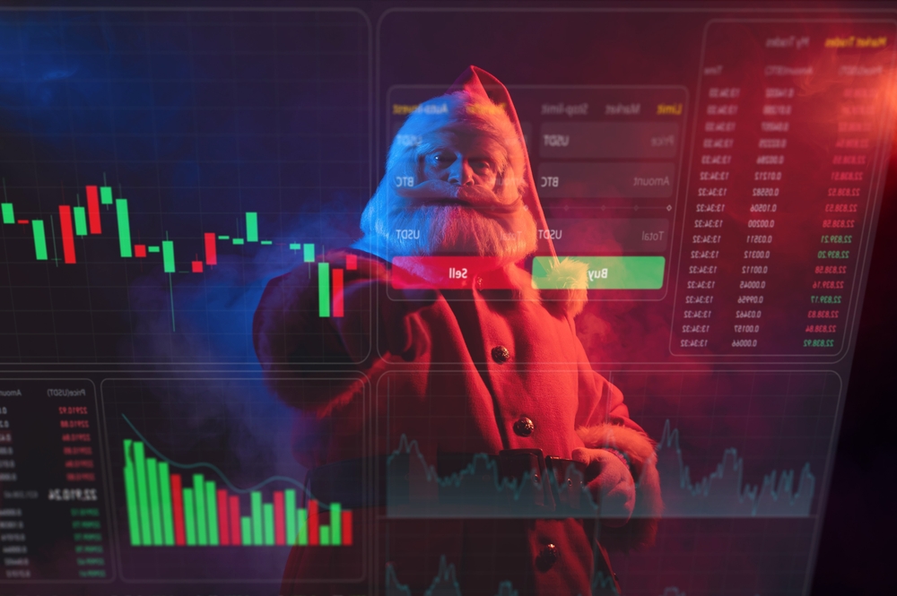 Santa,Claus,Is,Looking,At,The,Hud,Menu.,Stock,Charts.