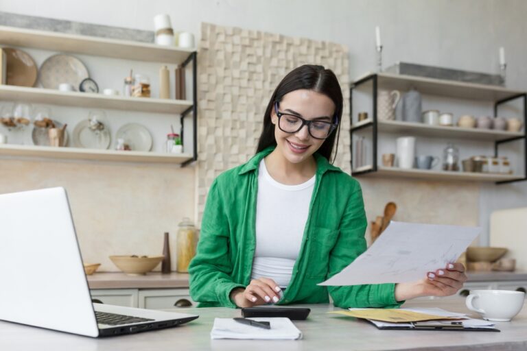 Smiling,Young,Beautiful,Woman,Reading,Banking,Paper,Notification,About,Last