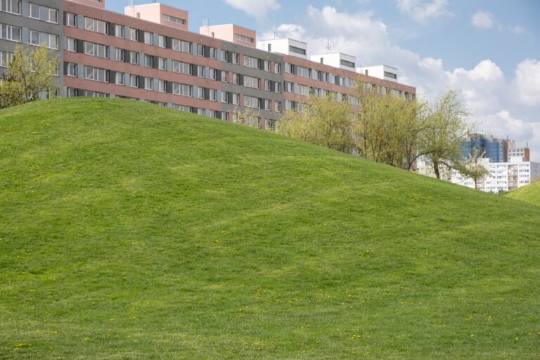 Spring,In,Prague,Public,Park,Against,Typical,Modern,Panel,Made